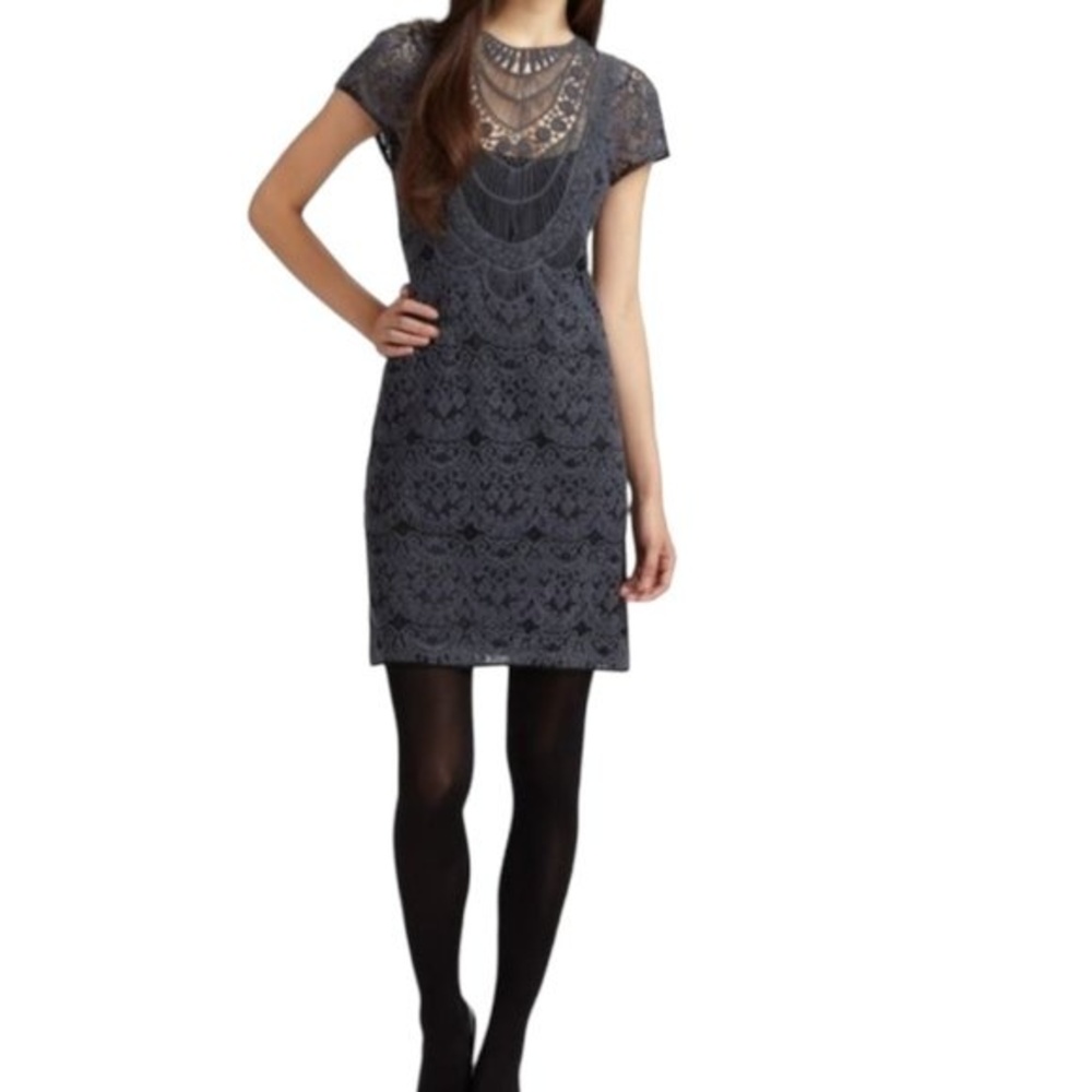 Nanette Lepore Grey Crochet Lace Dress Romantic Boho Feminine Sz 4